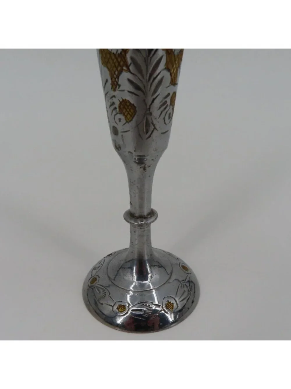 VTG Hand Chased Etched Floral Swag Silver Gold Tone Metal Vase 6.9in Israel Made